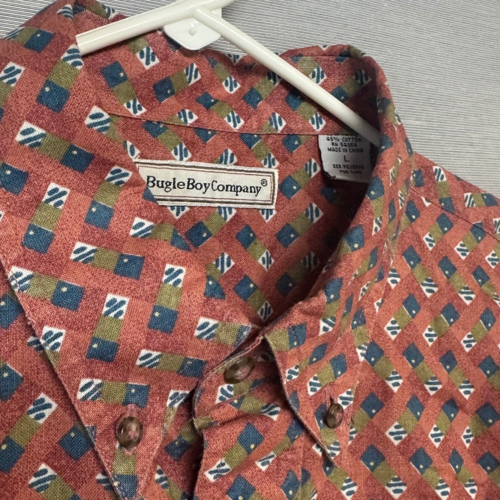 Vtg NOS Bugle Boy Mens 90s Geometric Print Short Sleeve Shirt Sz Large Boxy Red - Picture 4 of 8